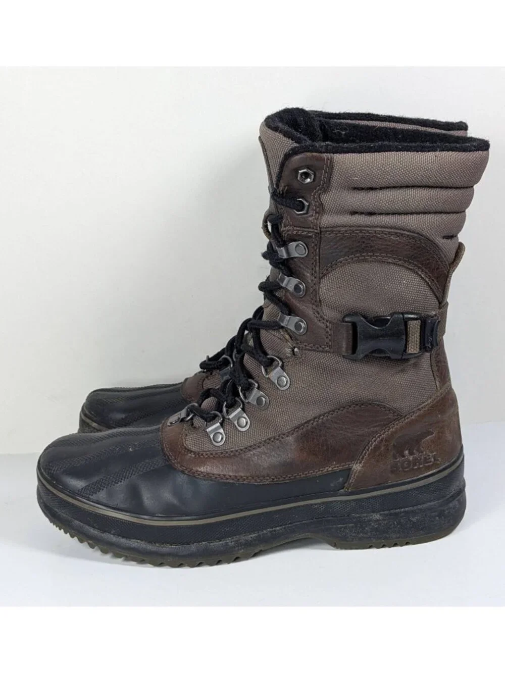 Sorel Waterproof Sheep Fur Lined Brown Leather Winter Boots Mens Size 9 Buckle
